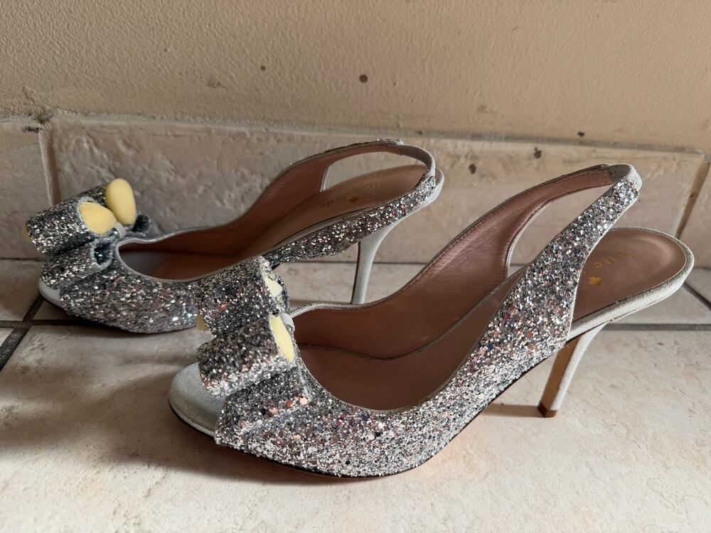 Kate Spade Glitter Bow Slingback Heels Silver Size 7.5 Made Italy